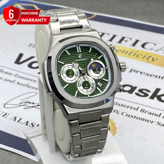 Luxury Sweep Movement Chronograph Working Stainless Steel Chain Watch With Date Display