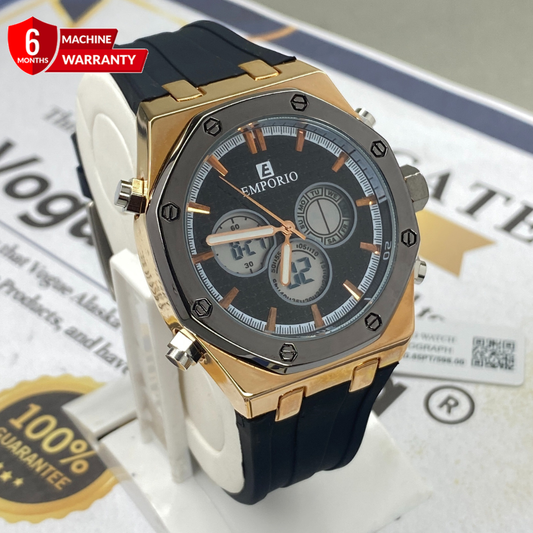 Luxury Men’s Dual Time Multifunction Watch with Octagonal Dial and Silicone Straps