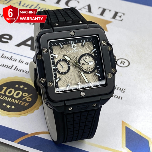 CASSRAY Square Shape Metallic Dial Durable Rubber Straps Men's Analog Quartz Watch With Date Display