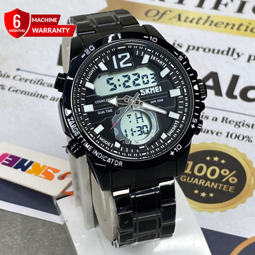 SKMEI 1391 Dual Time (Analog & Digital) Stainless Steel Chain Watch For Men