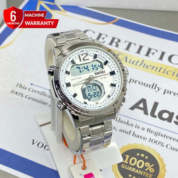 SKMEI 1391 Dual Time (Analog & Digital) Stainless Steel Chain Watch For Men