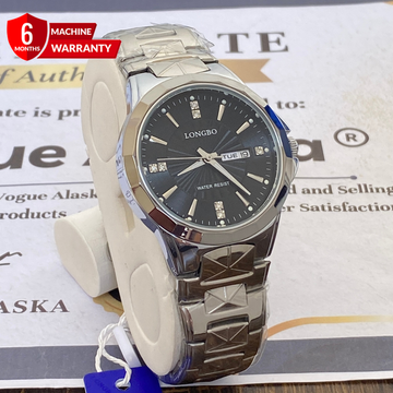 Longbo Analog Quartz Movement Round Dial Stainless Steel Chain Watch With Date & Day Display For Men