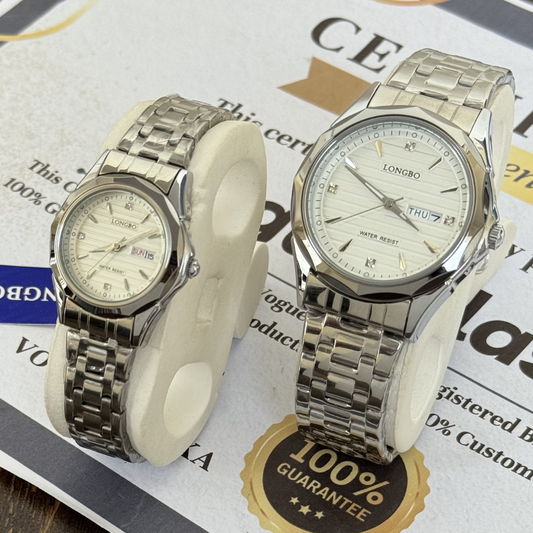 Longbo Premium Couple Watches - Analog Quartz Chain Design With Date & Day Display