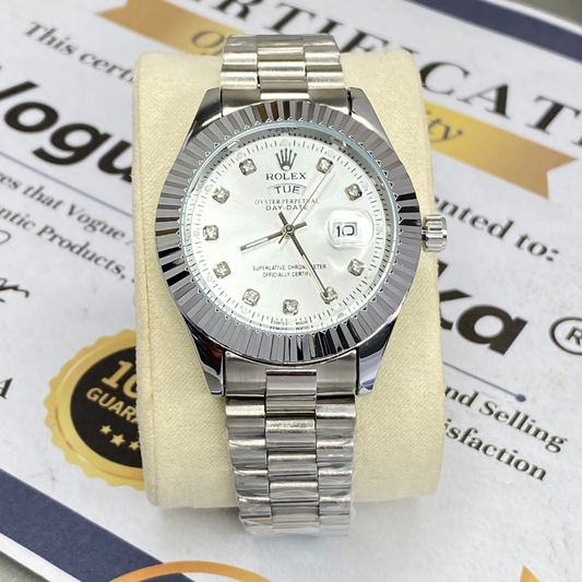 RLX Premium Oyster Perpetual Analog Quartz Watch with Stainless Steel Chain Date & Day