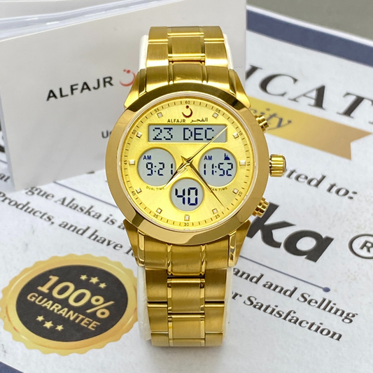 Al Fajar Original Men’s Stainless Steel Dual Time Watch with Azan Prayer Alarm Qibla Direction and Hijri Calendar