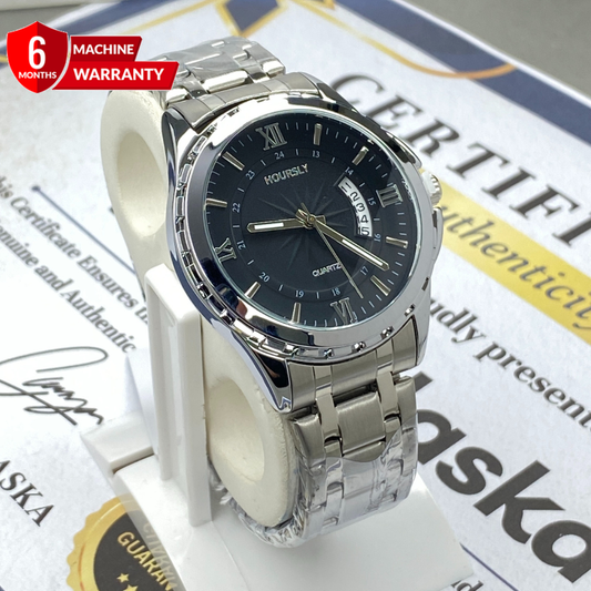 HOURSLY Round Dial Analog Quartz Movement Durable Stainless Steel Chain Watch With Date Display