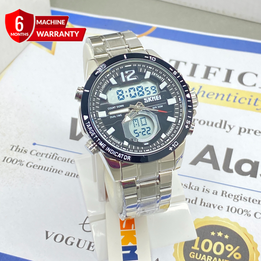 SKMEI 1391 Dual Time (Analog & Digital) Stainless Steel Chain Watch For Men