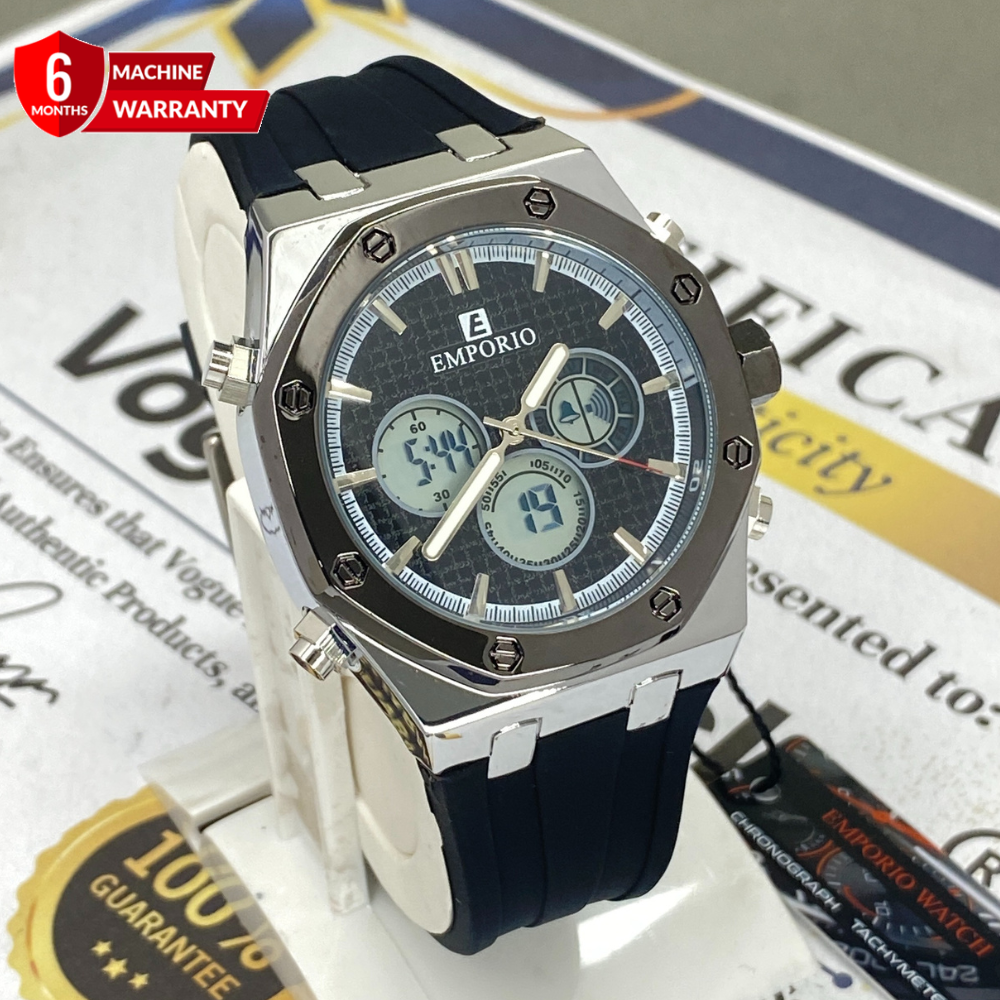 Luxury Men’s Dual Time Multifunction Watch with Octagonal Dial and Sil