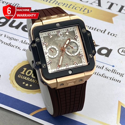 CASSRAY Square Shape Metallic Dial Durable Rubber Straps Analog Quartz Watch With Date Display For Men