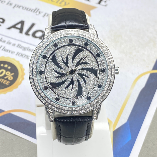 MERIOTS Round Dial Spinning Wheel Iced Out Design Straps Watch