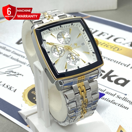 LONGBO Square Dial Chronograph Premium Stainless Steel Chain Watch With Date Display For Men