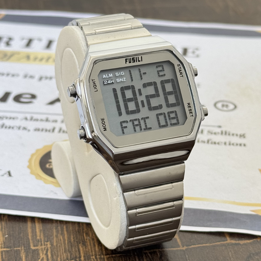 FUSILI Digital Display Square Dial MultiFunctional Waterproof Chain Watch For Men