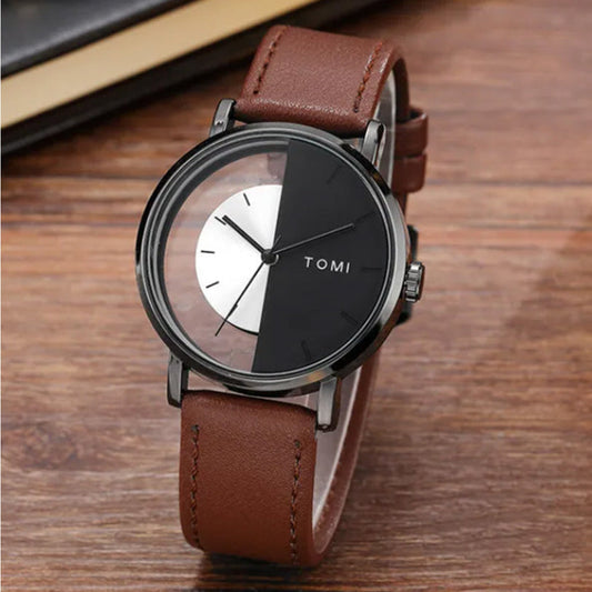 TOMI T-080 Transparent Design Leather Strap Watch For Men