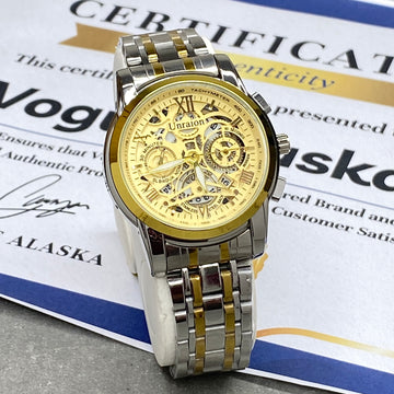 UNRAION Analog Time Skelton Dial Stainless Steel Chain Watch For Men With Date Display