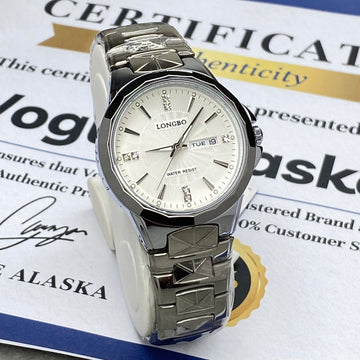 Longbo Analog Round Dial Stainless Steel Chain Watch With Quartz Movement  Date & Day Display For Men