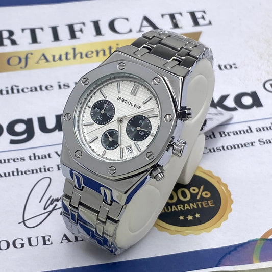 Men's Luxury Design Octagonal Dial Stainless Steel Chain Watch With Chronograph Working Display