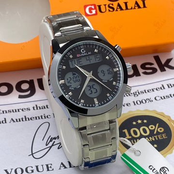 Gusalai Men's Stainless Steel Multifunctional Digital Chain Watch Azan Timing Alarm Stopwatch & Date/Day Display