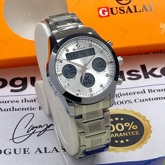 Gusalai Men's Stainless Steel Multifunctional Digital Chain Watch Azan Timing Alarm Stopwatch & Date/Day Display