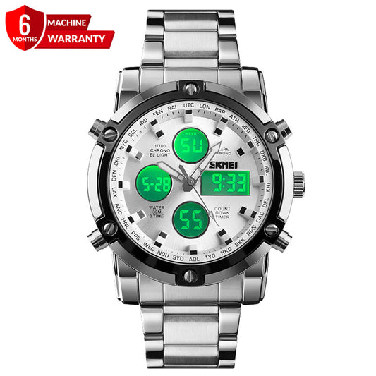 SKMEI 1389 Dual Time Multi-Functional Stainless Steel Made Chain Watch For Men