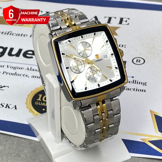 LONGBO Square Dial Chronograph Premium Stainless Steel Chain Watch With Date Display For Men